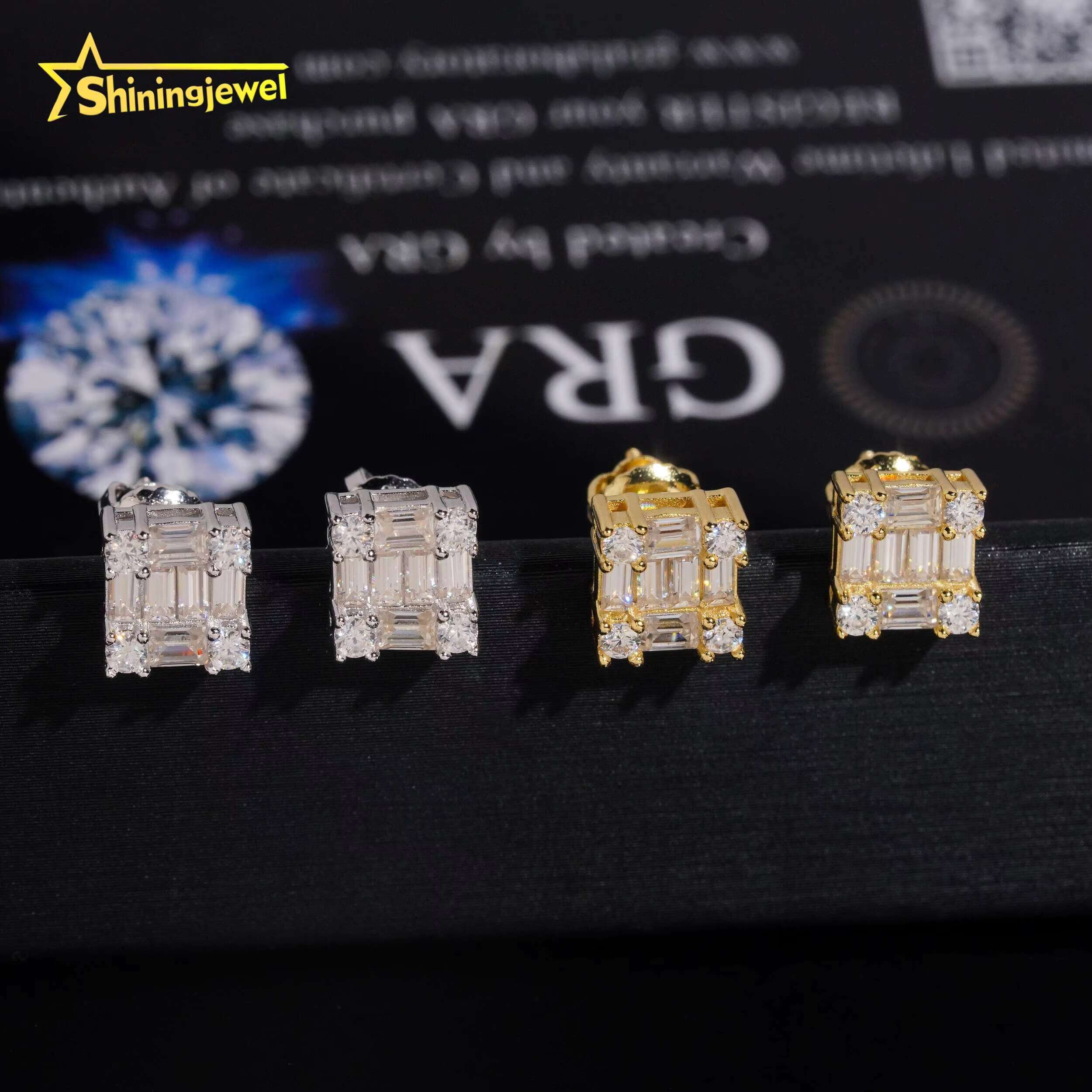 Luxury Jewelry 925 Silver Emerald Cut Moissanite Diamond Bling Special Design Iced Out Square Stud Earrings for Men
