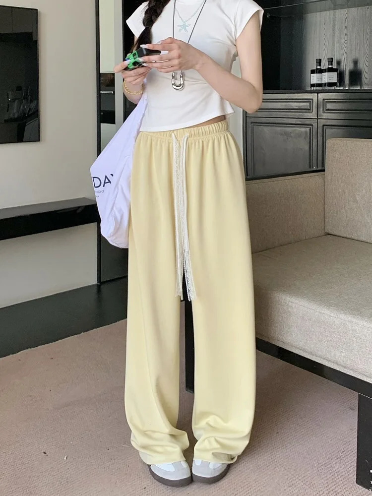 Spring Womens Casual Solid Elastic Waist Straight Pants Summer Female Korea Style Lace Drawstring RelaxedFit 250506