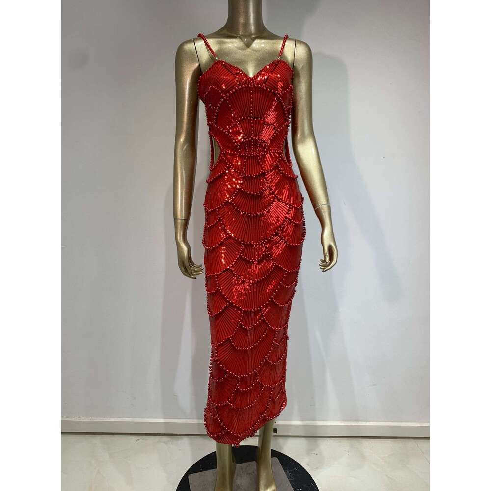 Maxi Dress New White Pearl Sequin With Fashionable Cut Out Party Dress KQ
