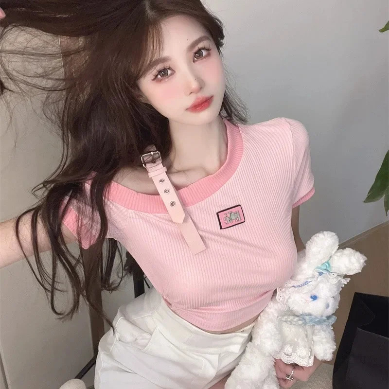 Women Off Shoulder Party Graphic Clothes Lady er Crop Short Sleeved T-shirts Female Sweet Spicy Style Pink Tie Up Tops 250517