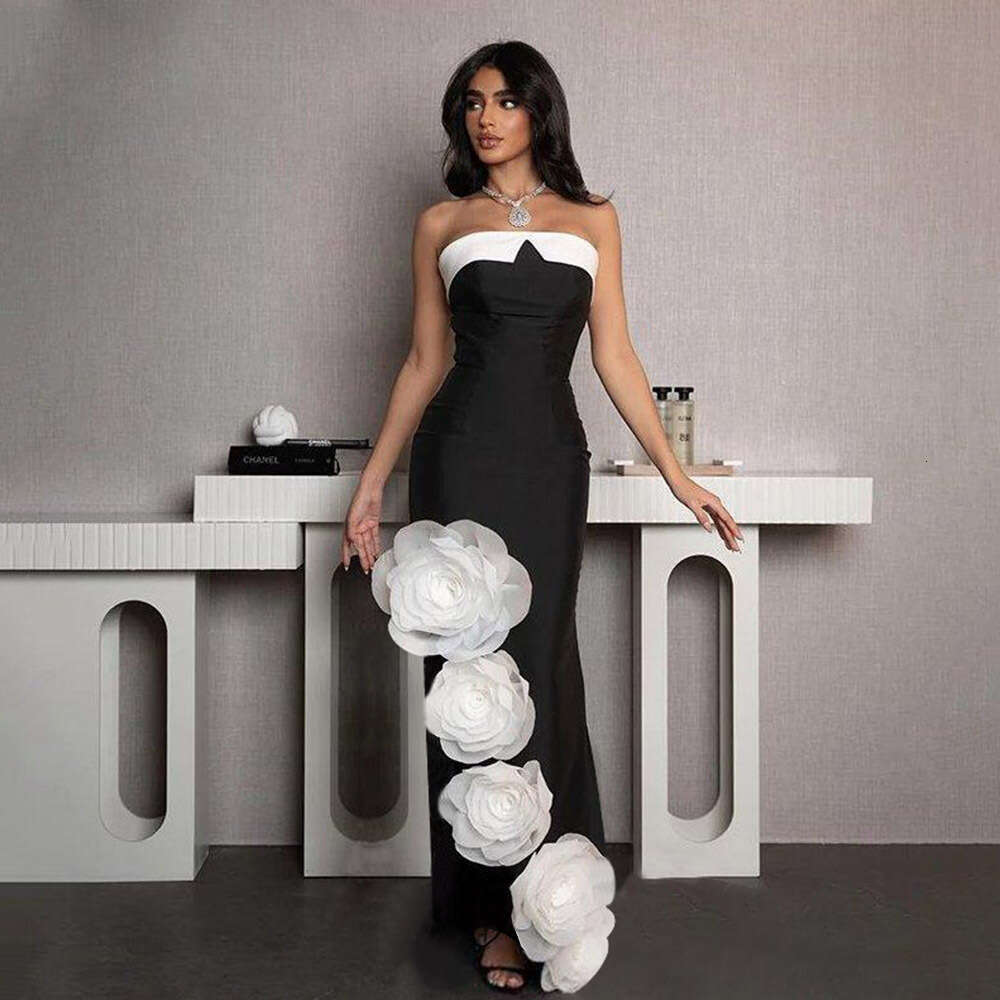 Maxi Dress New Bandage Strapless Black And White Patchwork Big Flower Long Party Skirt KQ