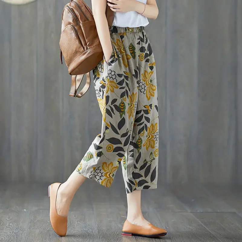 Summer retro printed chiffon casual pants for women loose fit and slimming Versatile Artistic straight leg Harlem 250506