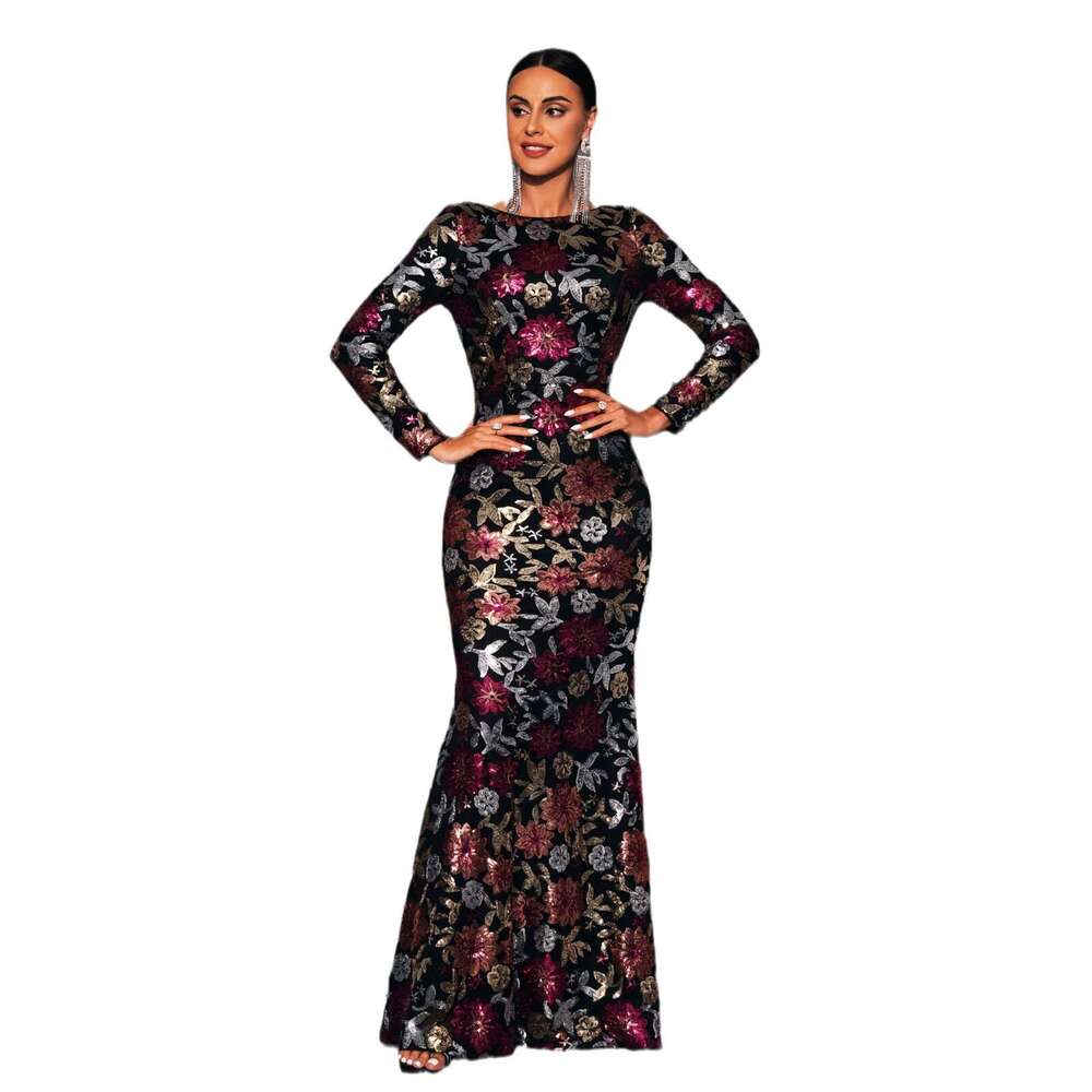 Maxi Dress Evening Gown Sleeved Temperament Round Neck Sexy Slim Fit Long Sequin Banquet Bridesmaid Dress For Women Long Dress