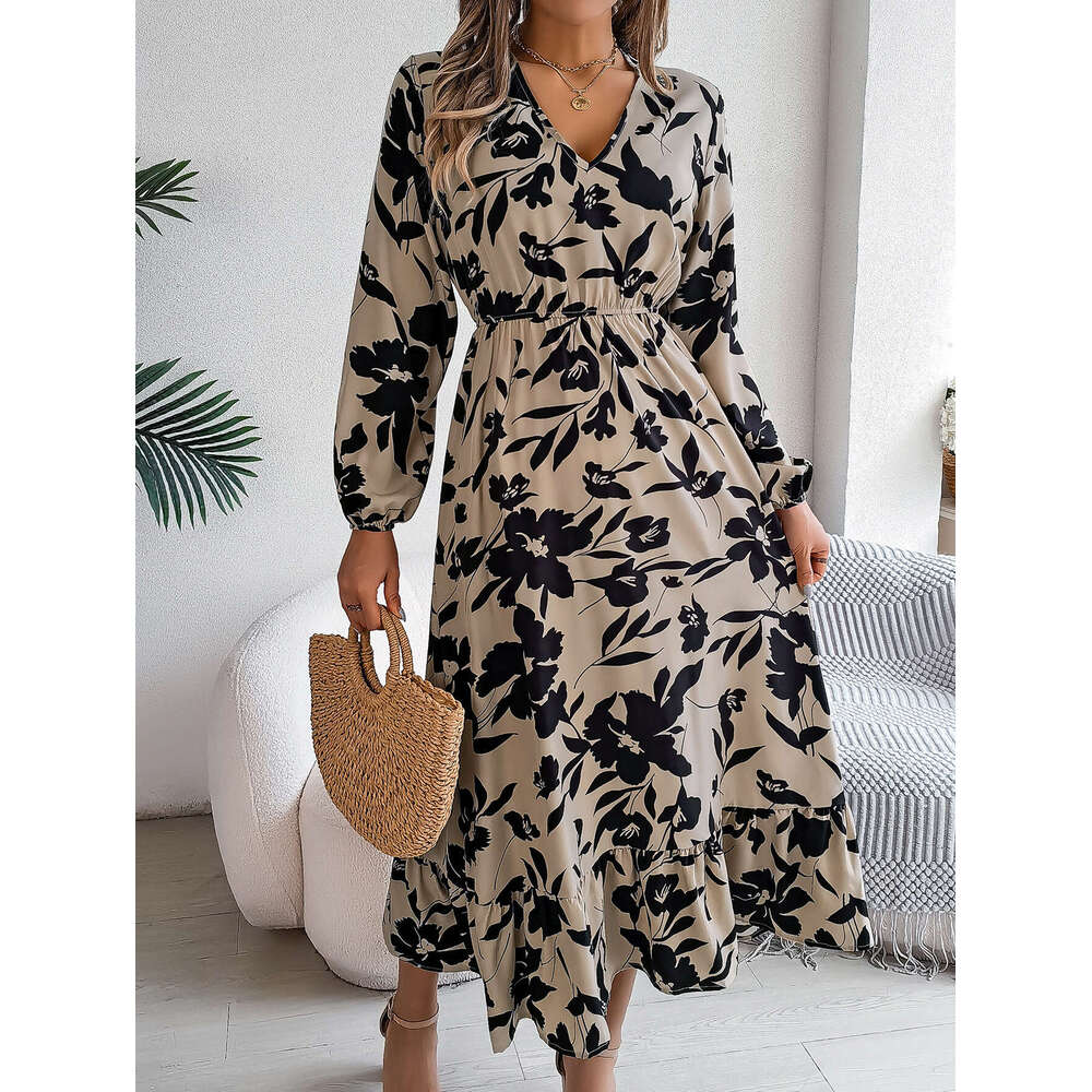 2024 Autumn/Winter Casual Flower Waist Long Sleeve Ruffle Edge Dress Women's Wear