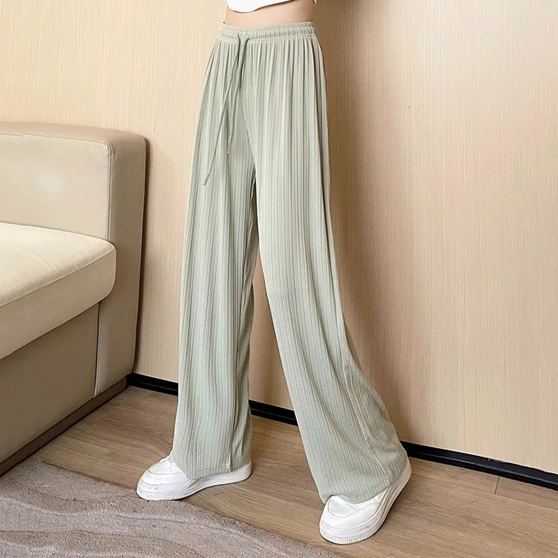 Summer Women High Waist Wide Leg Pants Lady Cute Green Pink Baggy Straight Leg Trousers Female Cool Ice Silk Outside Slacks 250517