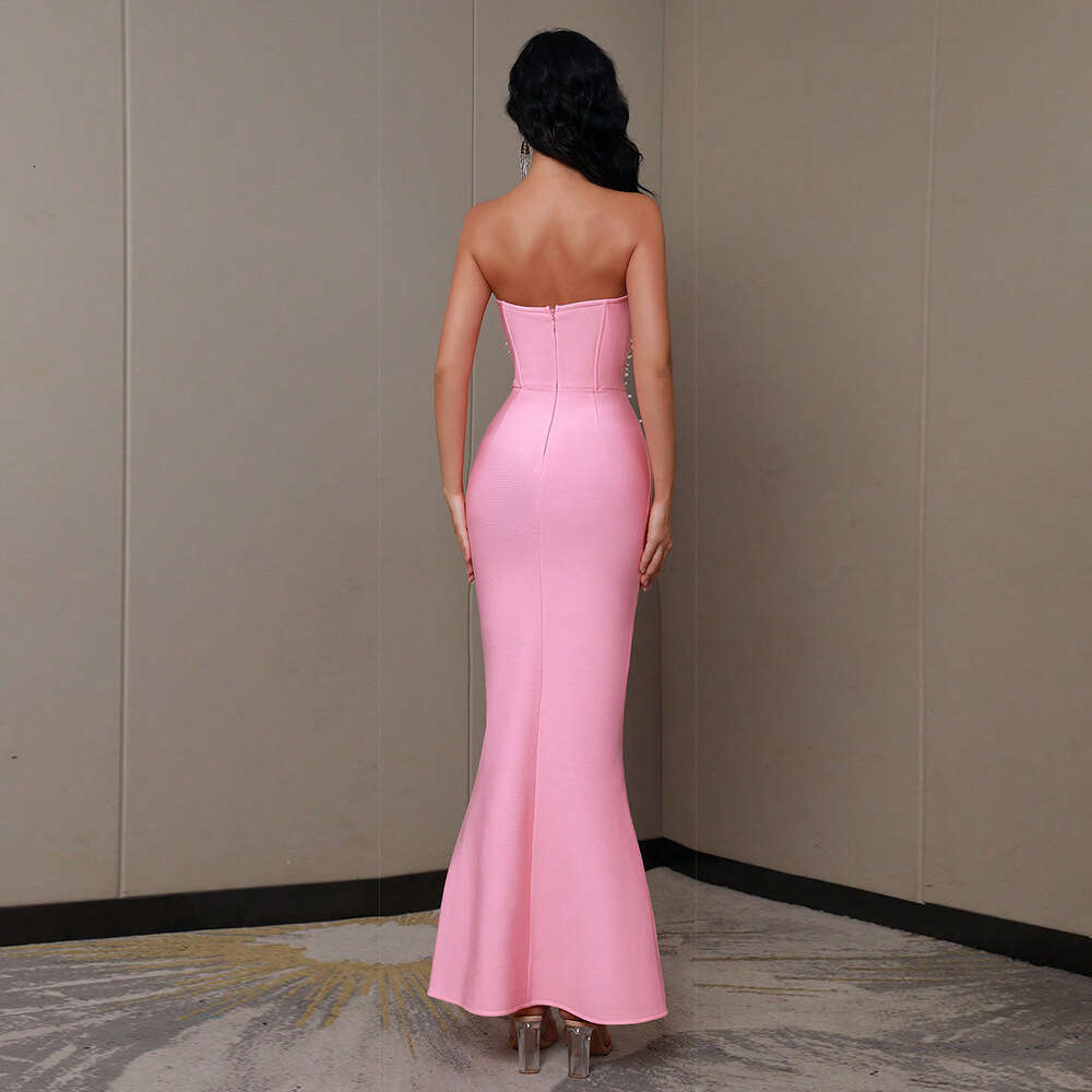 Maxi Dress New Pink Strapless Beaded Long Bandage For Women S Solid Color Party Evening Dress KQ