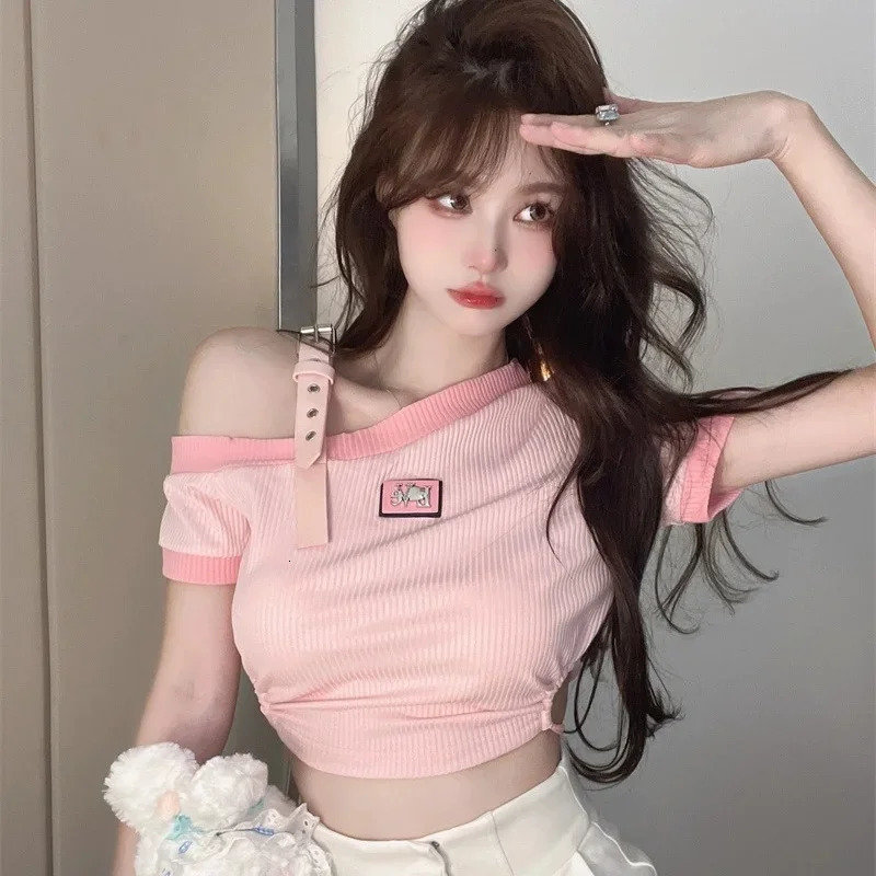 Women Off Shoulder Party Graphic Clothes Lady er Crop Short Sleeved T-shirts Female Sweet Spicy Style Pink Tie Up Tops 250517