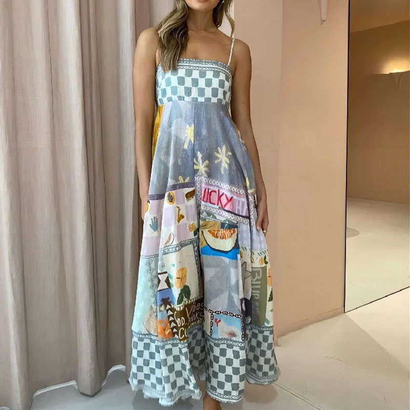 Maxi Dress Spring Women S New Style Elegant High Waist Printed Strap Casual Fashion Dress KQ