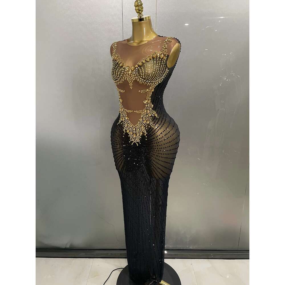 Sexy Sparkly Rhinestones Sleeveless Long Dress 2025 New Women Birthday Celebrate Evening Photo Shoot Stage Performance Costume