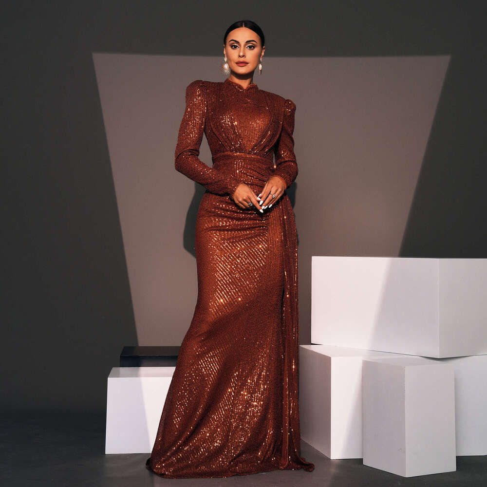 Maxi Dress Evening Gown Sleeved Temperament Round Neck Sexy Slim Fit Long Sequin Banquet Bridesmaid Dress For Women KQ