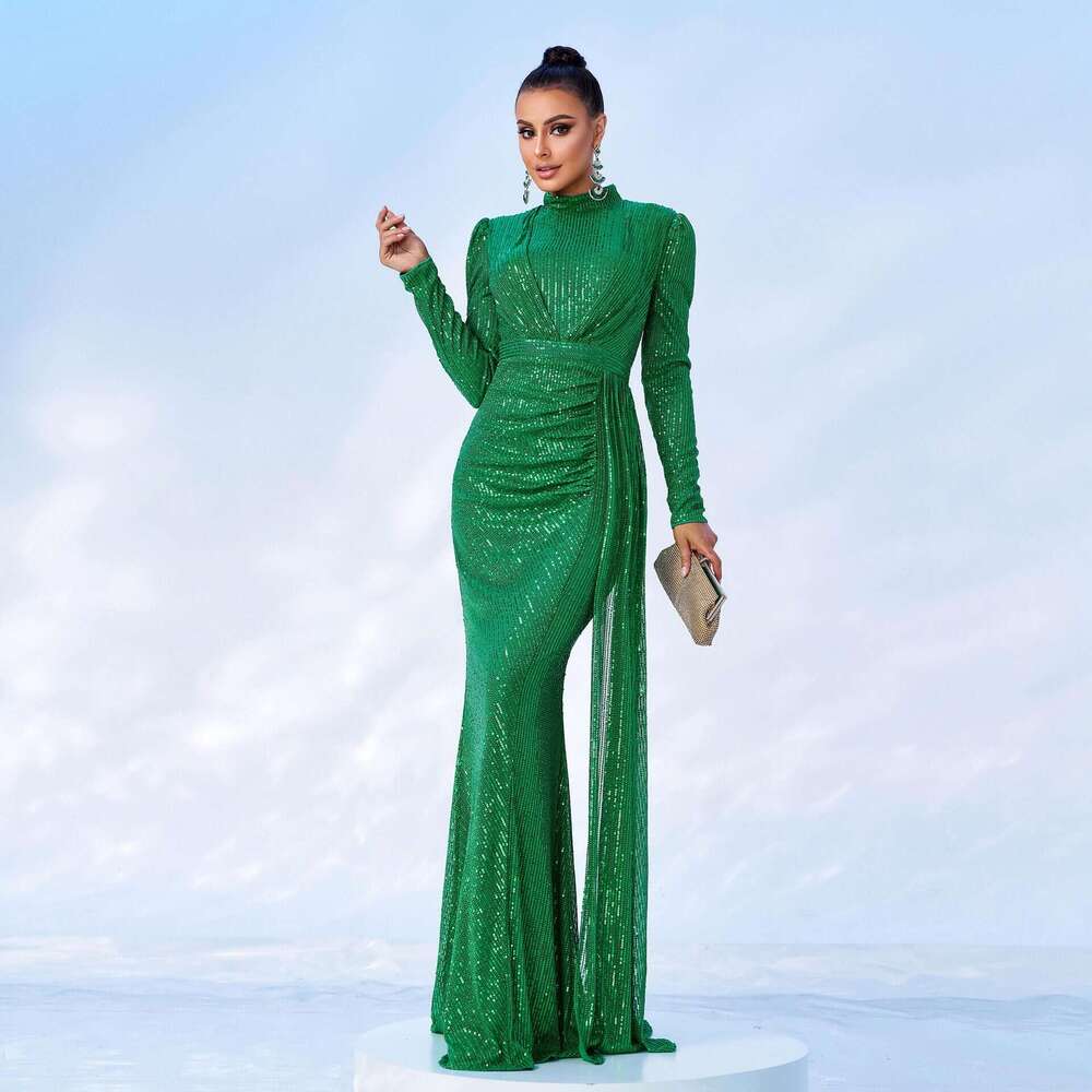 Maxi Dress Evening Gown Sleeved Temperament Round Neck Sexy Slim Fit Long Sequin Banquet Bridesmaid Dress For Women KQ