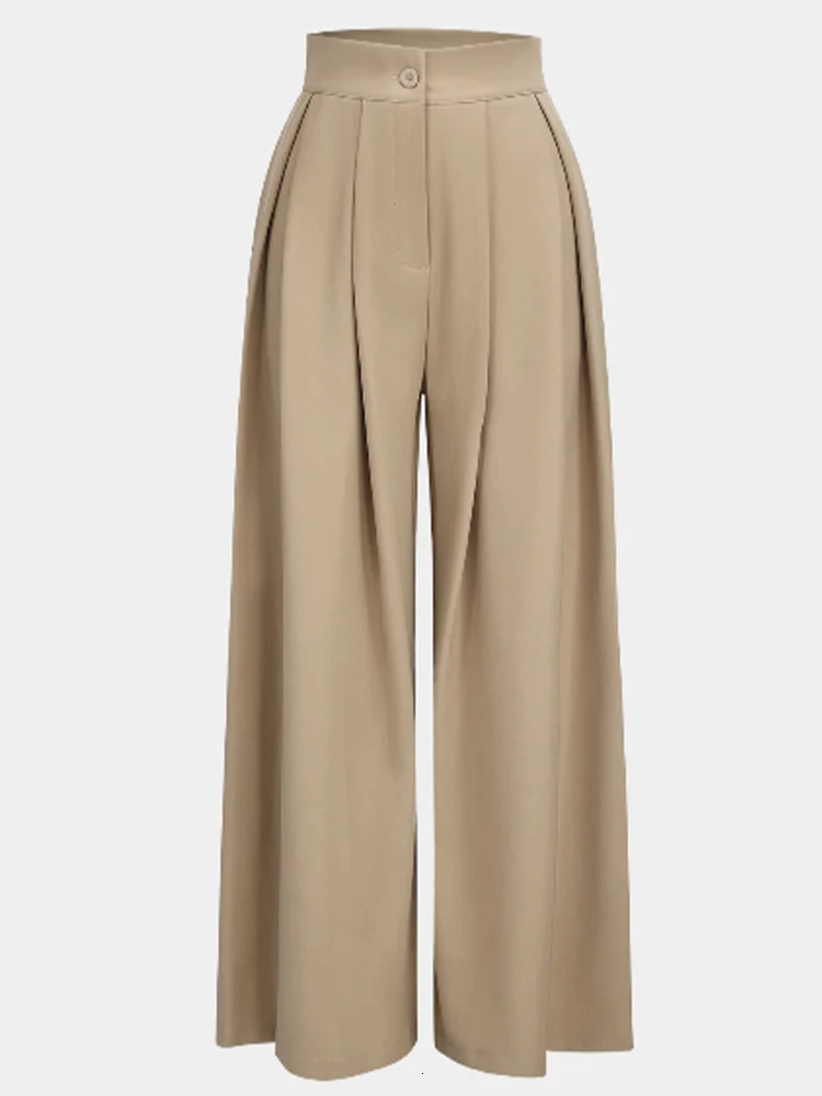 Ladies Pure Color Fashion Button Waist n Trousers Wide Leg Suit Pants Business Casual Long Shaping 250506