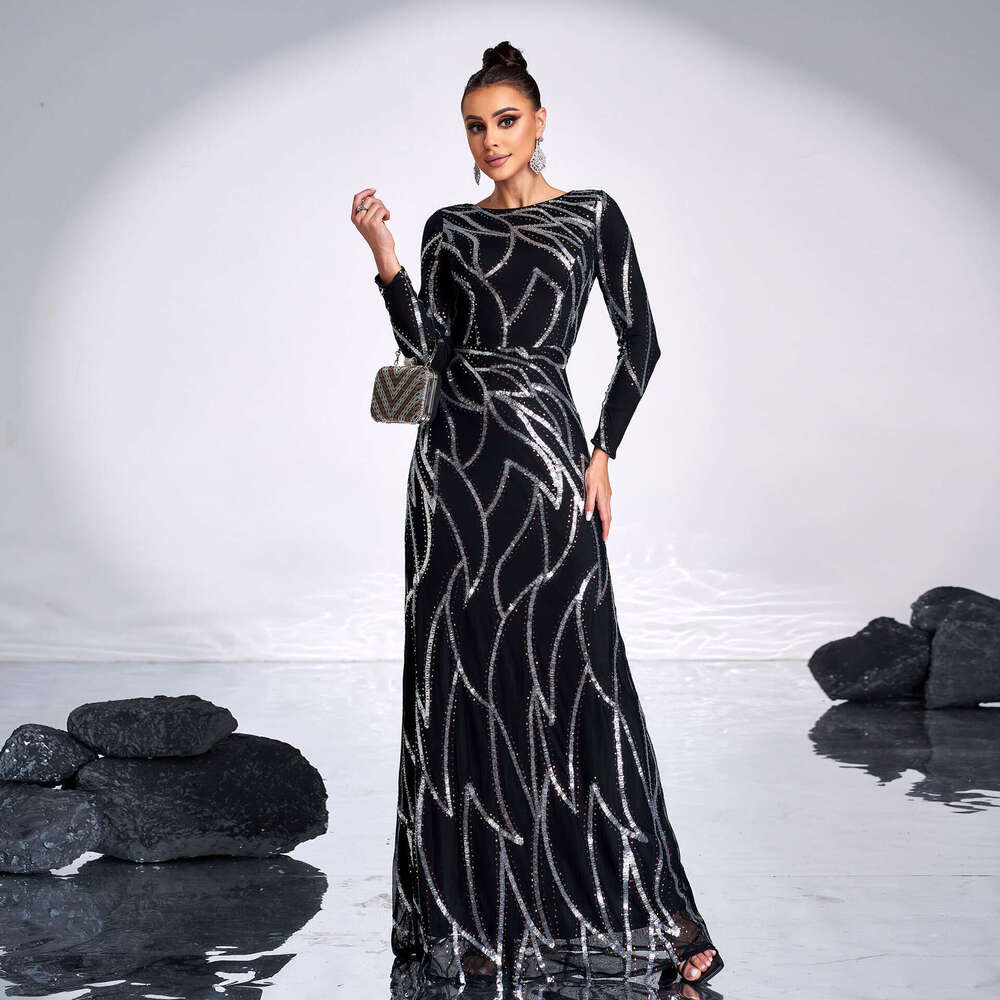 Maxi Dress High End Temperament Sleeved Round Neck Sexy Long Sequin Banquet Evening Bridesmaid Women S Dress KQ