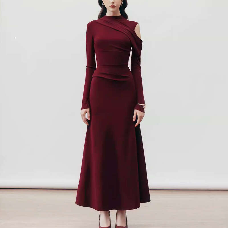 Maxi Dress Long Sleeved Ultra Simple Long Knitted Dress Elegant Temperament Pleated Off Shoulder Slim Fit Women S Clothing Formai Dress