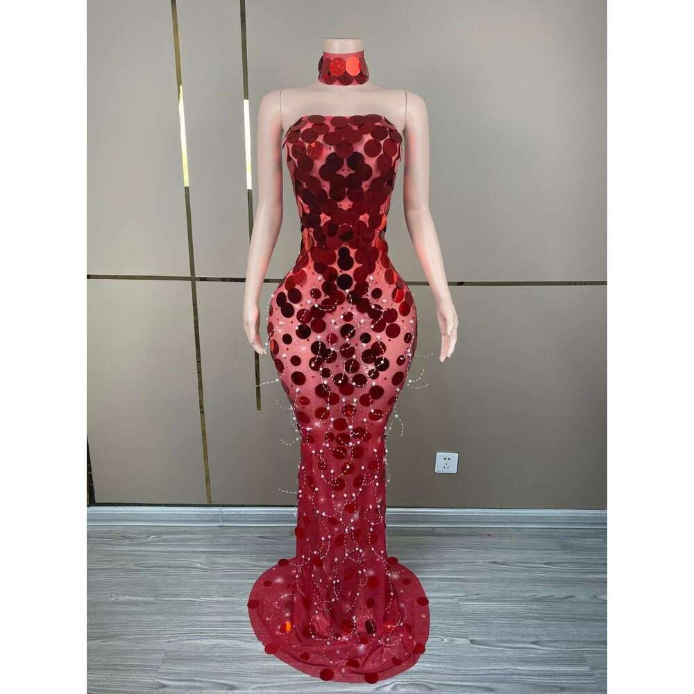 Maxi Dress Evening With Large Sequins And Studded Beads Totaling Socialite Party Choker Dress KQ