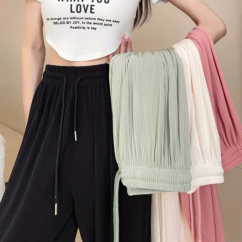 Summer Women High Waist Wide Leg Pants Lady Cute Green Pink Baggy Straight Leg Trousers Female Cool Ice Silk Outside Slacks 250517