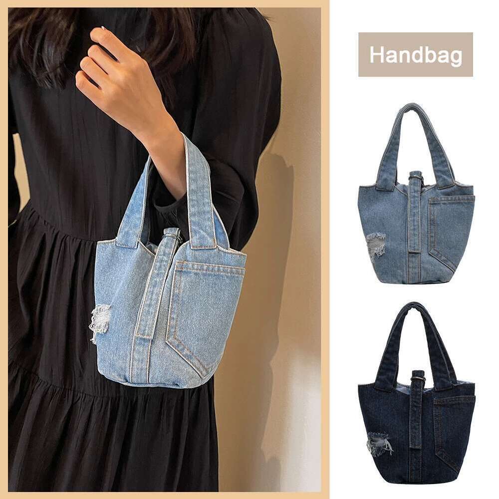 Street Fashion Denim Tote Solid Color Handle Handbag Casual Shoulder Bag Date Party Shopping for Women