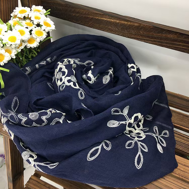 T744 Spring and Summer Women's Artistic National Style Shawl Cotton and Linen All-match Long Sunscreen Travel Scarf Dual-purpose Embroidered Line