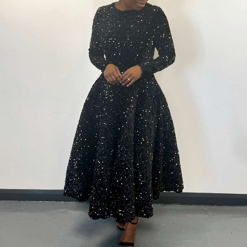 Maxi Dress D New Women S Round Neck Long Sleeve Solid Color Sequin High Waist Temperament Mid Length Dress KQ