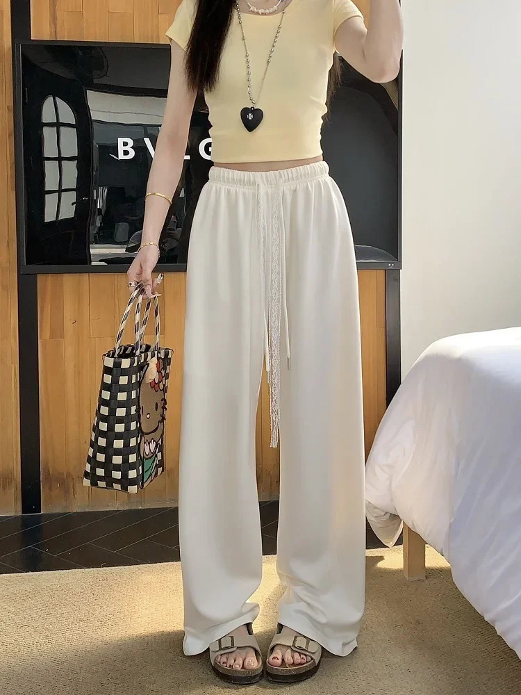 Womens casual lace brushed loose fitting pants for spring and summer 2025 solid elastic waist straight women 250506