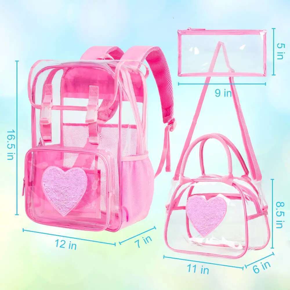 3Psc Clear Backpack, Heavy Duty Transparent Bookbag For Girls Women, Stadium Approved See Through Backpack With Lunch Box (Pink