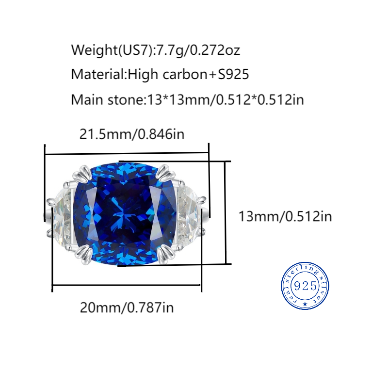 S925 sterling silver 13*13 artificial high-carbon diamond dreamy royal blue beautiful ring, European and American personalized fashion high-end royal 