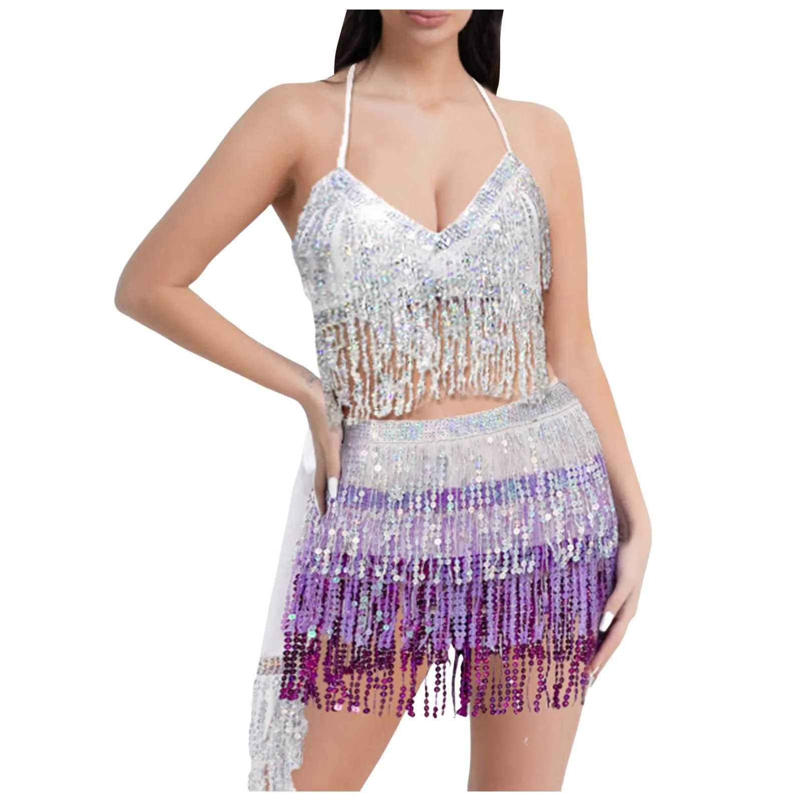 Belly Dance Top Bra Skirt Set Latin Sequin Fringe Halter Hip Skirt Sexy Party Costume 4 Layer Tassel Stage Performance Clothes 250516