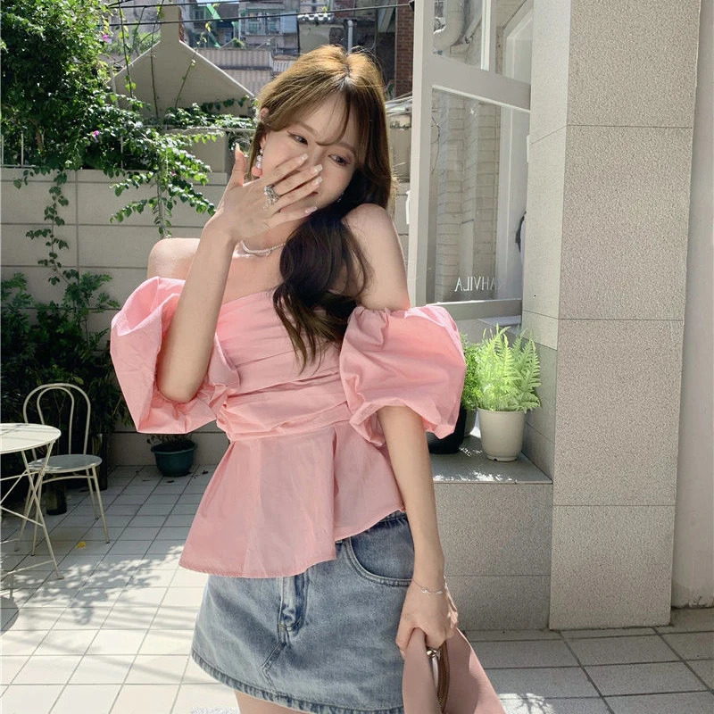 Beach Style Slash Neck Woman Solid Shirt Summer Off Shoulder Puff Short Sleeve Ladies Blouse Folds Sexy Backless Female Tops 250517