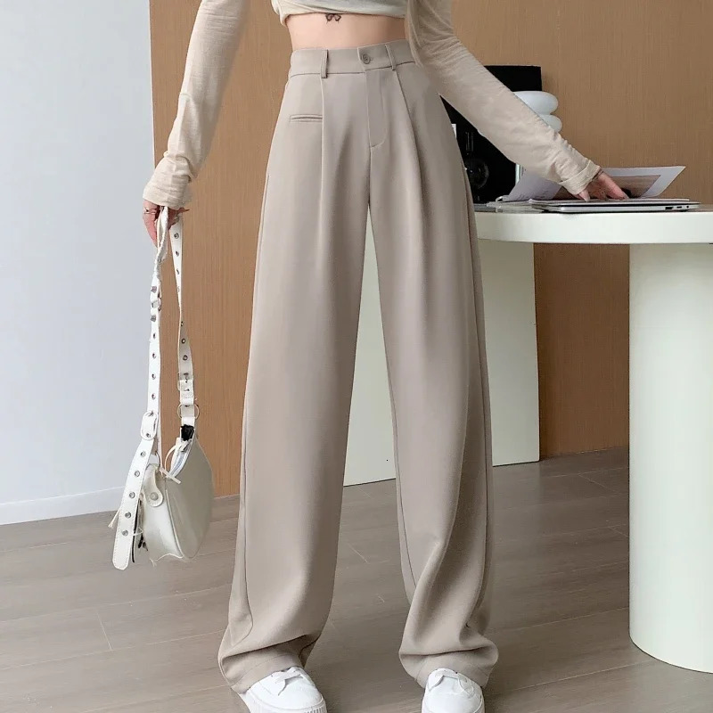 SpringSummer Retro Grey Womens Wide Leg Pants High Waist Casual Loose Straight 250506