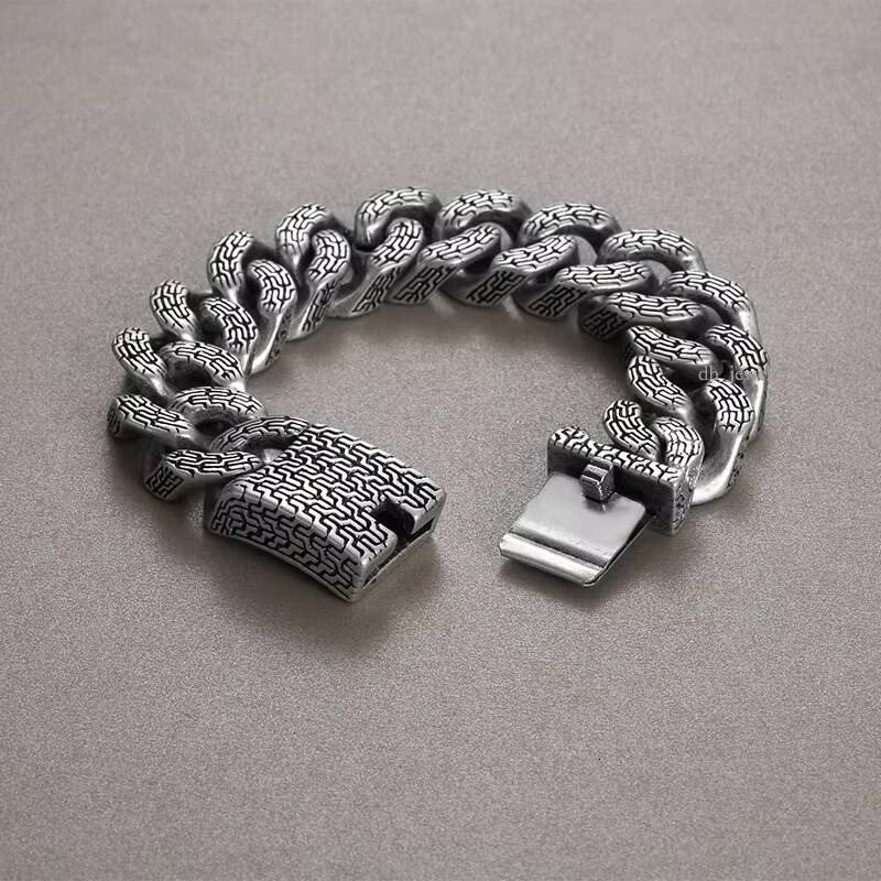 KALEN Men Retro 220mm Stainless Steel Tire Mark Cuban Links Bracelet
