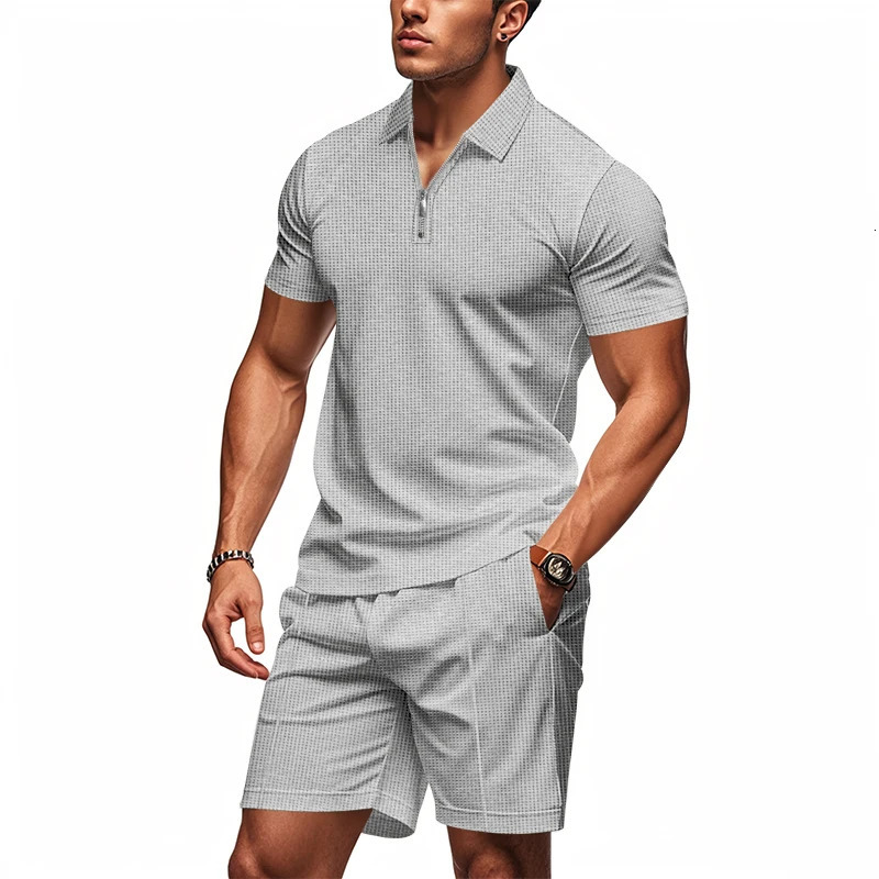 Summer Mens Solid Color Simple Gentleman Loose Zipper Short Sleeve Polo Shirt Beach Shorts Set 250517