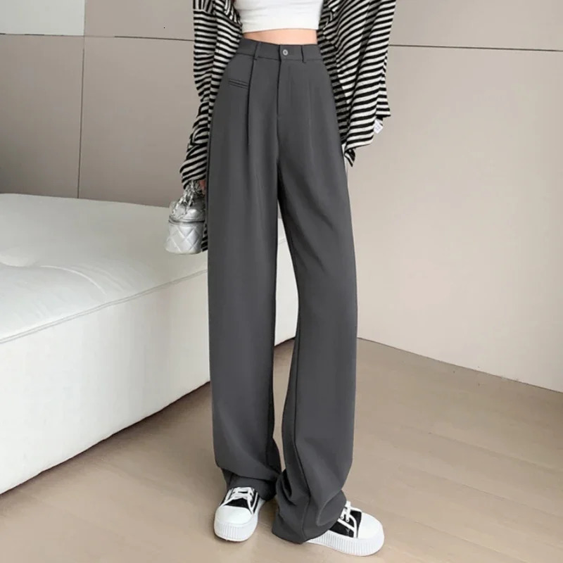 SpringSummer Retro Grey Womens Wide Leg Pants High Waist Casual Loose Straight 250506