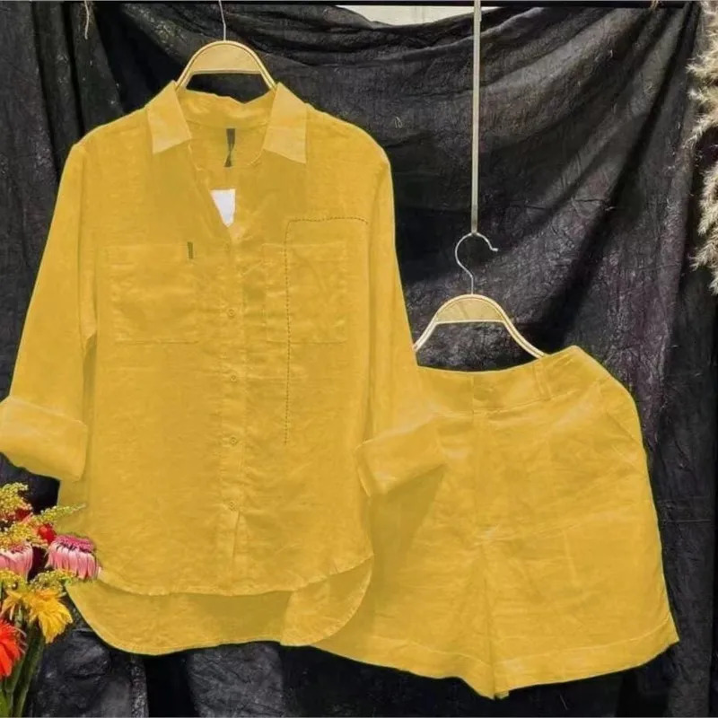 Summer Cotton Linen Casual Home 2 Piece Set For Women Fashion White Long Sleeve Shirt And Shorts Two Piece Sets Tracksuit 250517