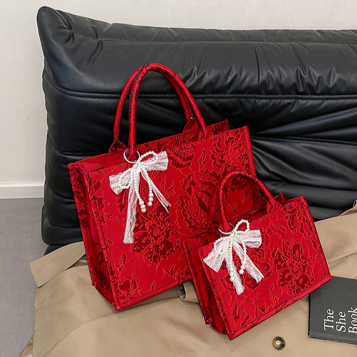 Chinese Style 2025 Free Shipping Designer Women's Bag Lace Printed Bridal Wedding Handbag Gift Large Capacity Commuter 3D Shopping Bag