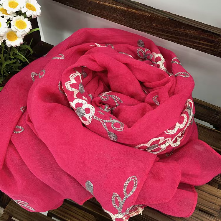 T744 Spring and Summer Women's Artistic National Style Shawl Cotton and Linen All-match Long Sunscreen Travel Scarf Dual-purpose Embroidered Line