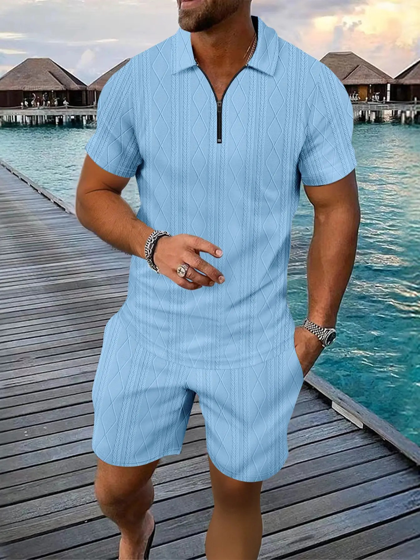 A two-piece set of Hawaiian casual mens jacquard shorts and lapel Polo shirt sporty fashionable breathable and comfortable 250517