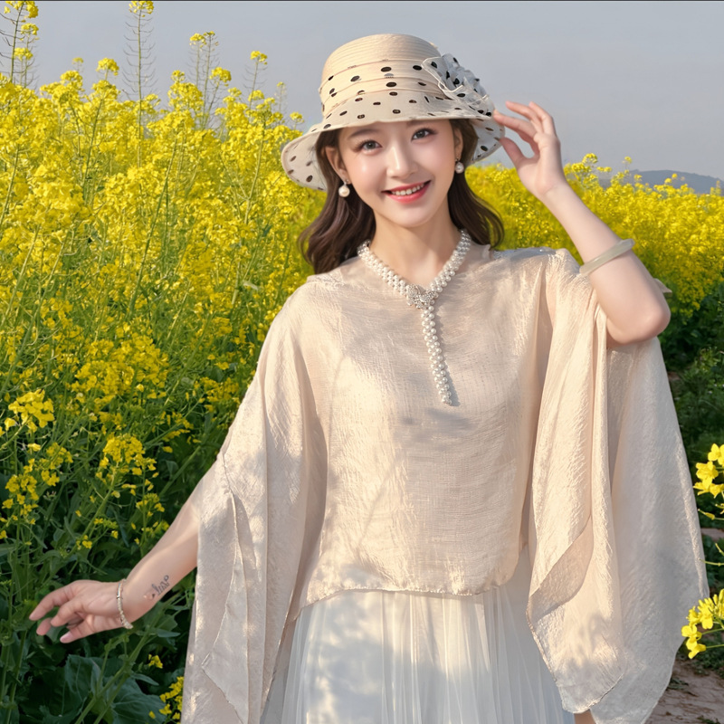 K757 Summer new style streamer silk scarf solid color new Chinese style pearl button shawl outdoor travel photography sunscreen shirt outer wear