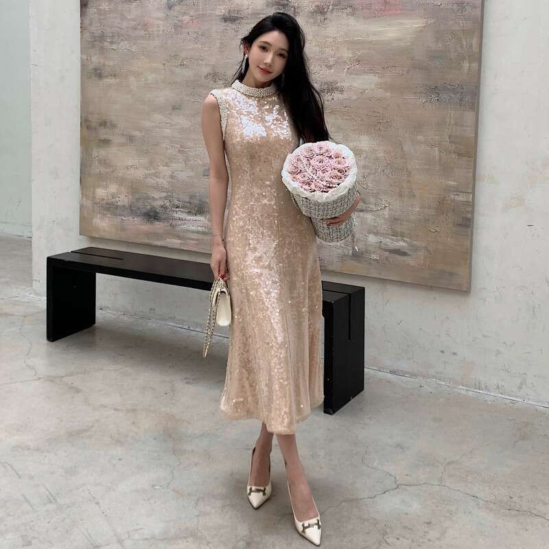 Maxi Dress Wealthy Heiress Champagne Colored Sequin Embroidered Handmade Nail Bead Long Dress Evening Gown Spring New Product KQ