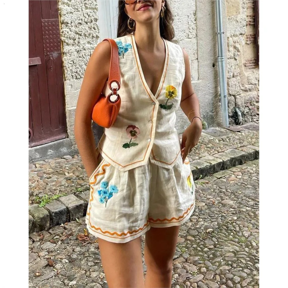 Fashionvintage Print Tank Suit For Womens Summer INS Casual Loose Holiday Shorts Sleeveless Slim Fit Female 2 Piece Set 250517