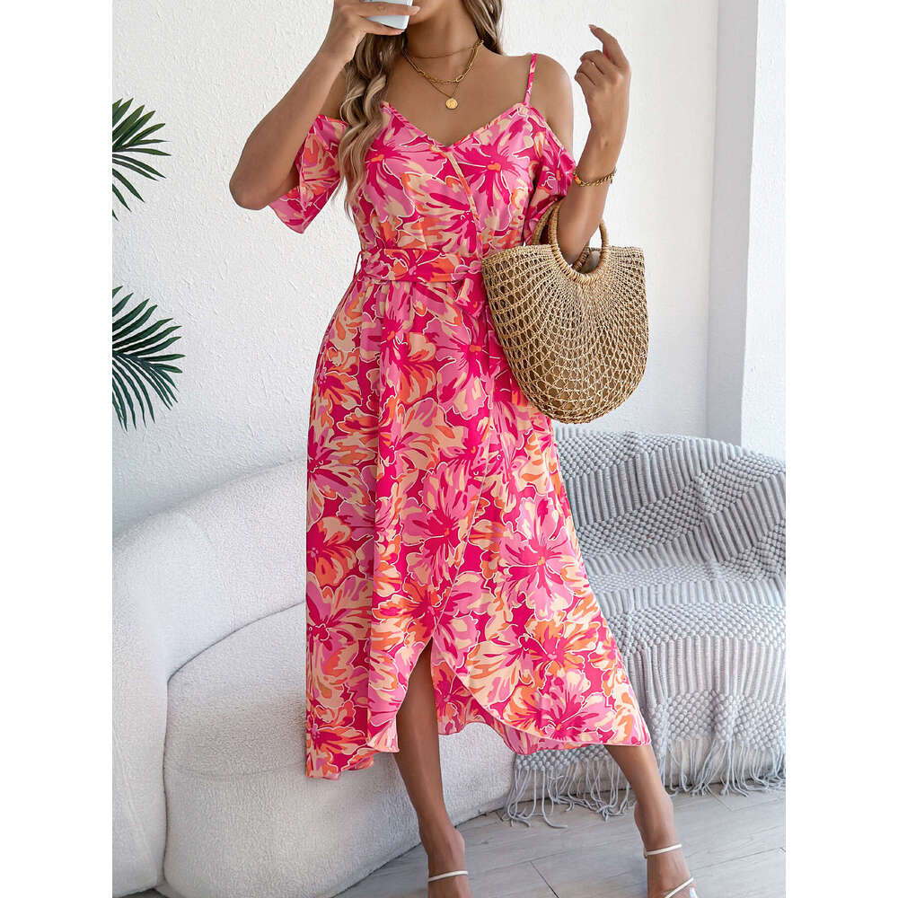 Maxi Dress Spring And Summer Off Shoulder Cross V Neck Floral Suspender Long Vacation Dress Women S Clothing Formai Dress