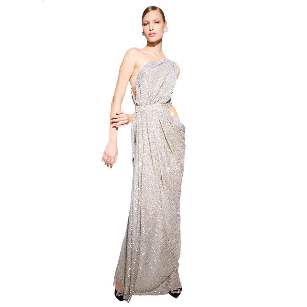 Maxi Dress New Elegant Single Shoulder Sparkling Party Dress KQ
