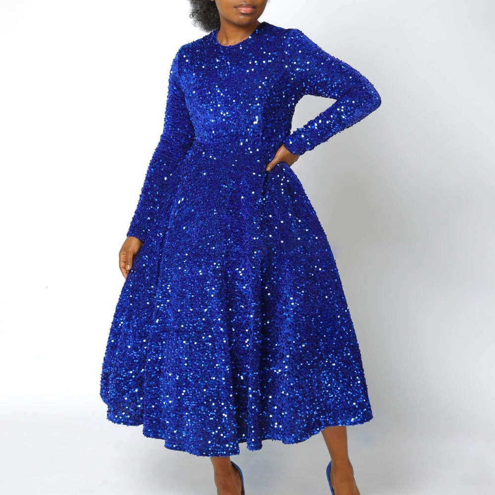 Maxi Dress D New Women S Round Neck Long Sleeve Solid Color Sequin High Waist Temperament Mid Length Dress KQ