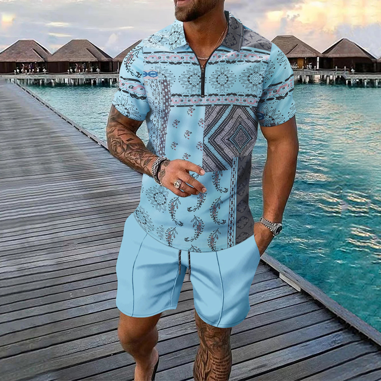 summer mens short sleeve zipper printed Polo shirt shorts Beach Hawaiian style two-piece suit 250517