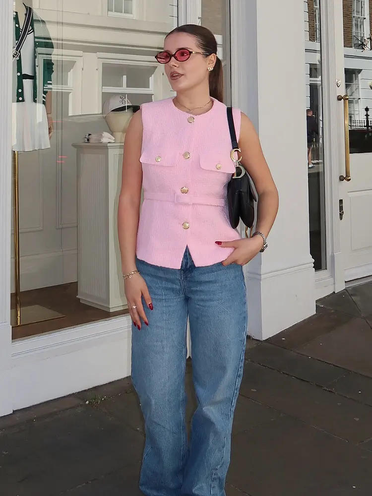 TRAFZA Women Fashion Belt Waistcoat O Neck Front Metal Button Sleeveless Vests Summer Solid Office Lady Outerwear Tweed Coats 250517