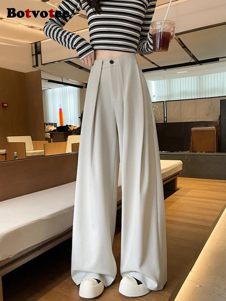 Botvotee womens white suit pants elegant office front pleated dress fashionable wide leg straight black formal mens style 250506