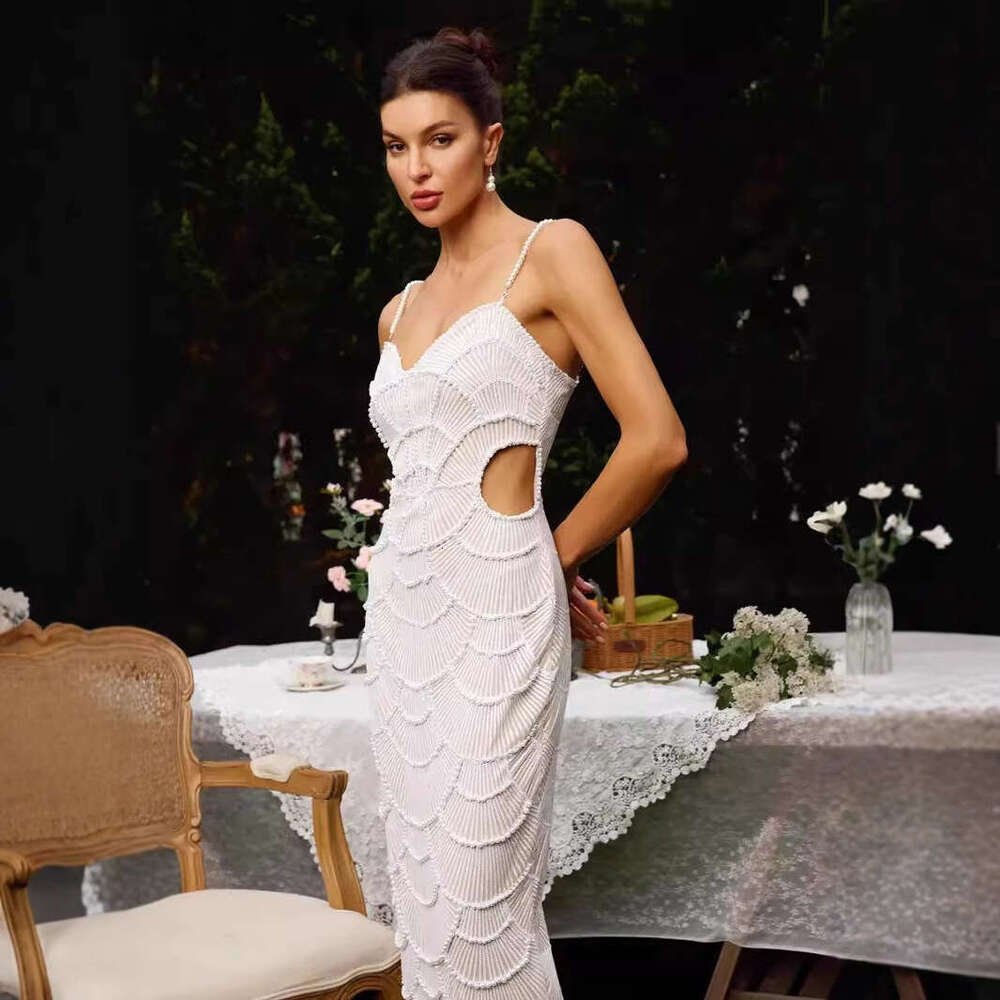 Maxi Dress Exquisite Sequin Nail Bead Waist Hollow Suspender Dress Socialite Birthday Party Dinner Dress KQ