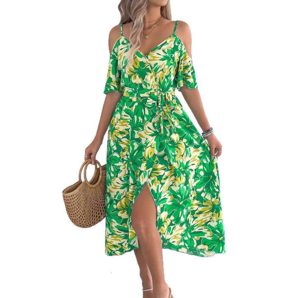 Maxi Dress Spring And Summer Off Shoulder Cross V Neck Floral Suspender Long Vacation Dress Women S Clothing Formai Dress