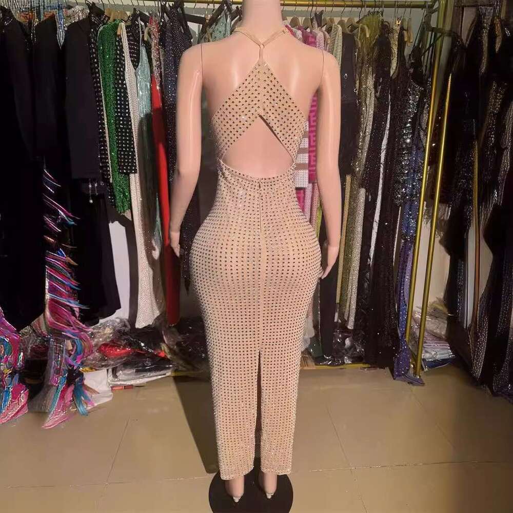 Maxi Dress Heavy Industry Flash Diamond Suspender Hollow Dress Light Luxury Niche Banquet Sexy Birthday Dress KQ