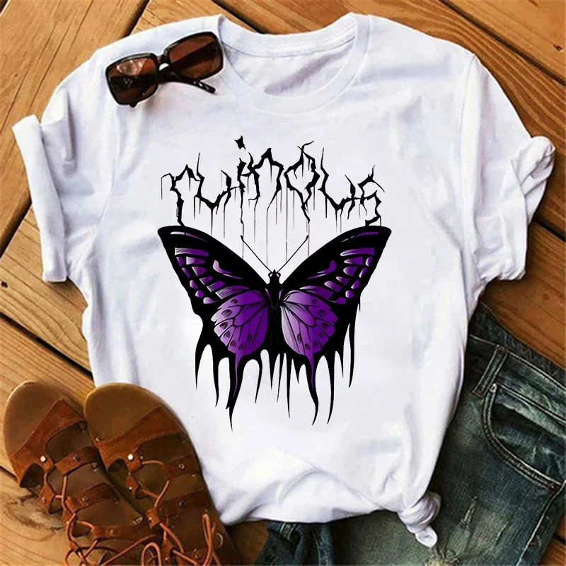 gothic Womens Butterfly Tree Print Harajuku T-Shirt Round Neck Top Short Sleeve Casual Summer Tee Shirt 250517CJ
