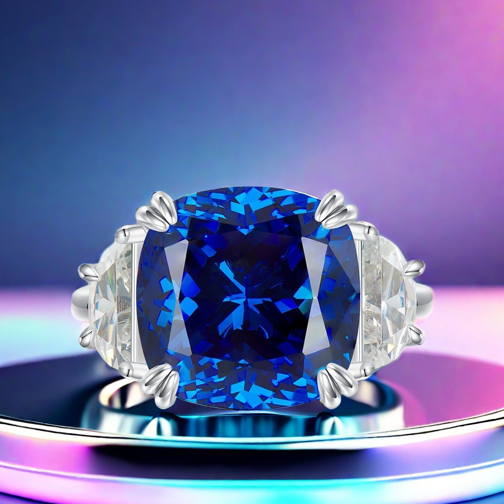 S925 sterling silver 13*13 artificial high-carbon diamond dreamy royal blue beautiful ring, European and American personalized fashion high-end royal 